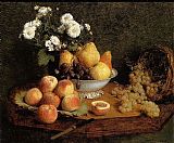 Fruit Canvas Paintings - Flowers and Fruit on a Table